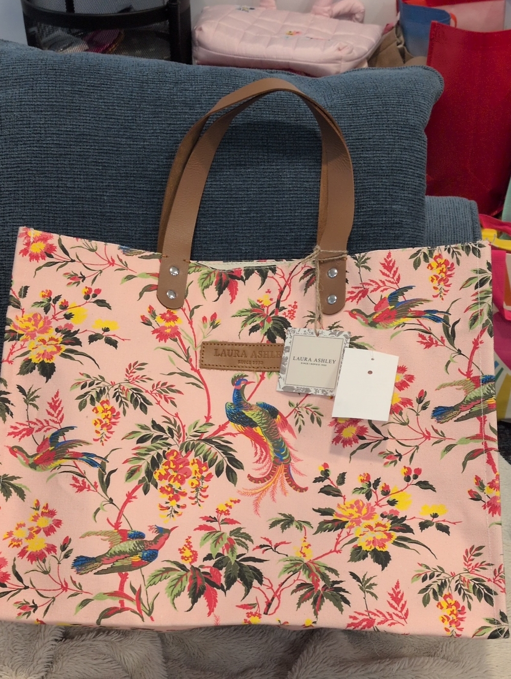 Laura Ashley Pink Floral & Bird Canvas Tote with Tan Handles